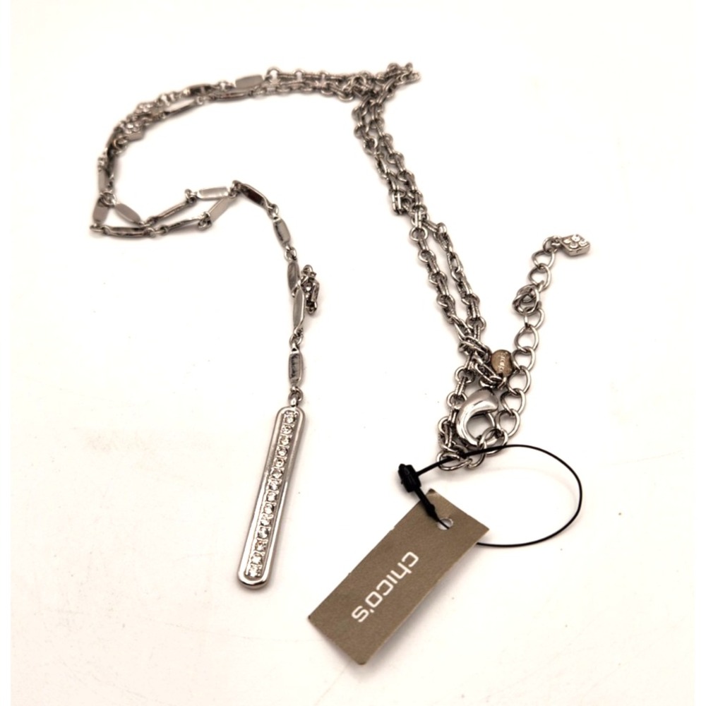 Chico's Silver Tone Crystal Bar Pendant Anabella Necklace New With Tag